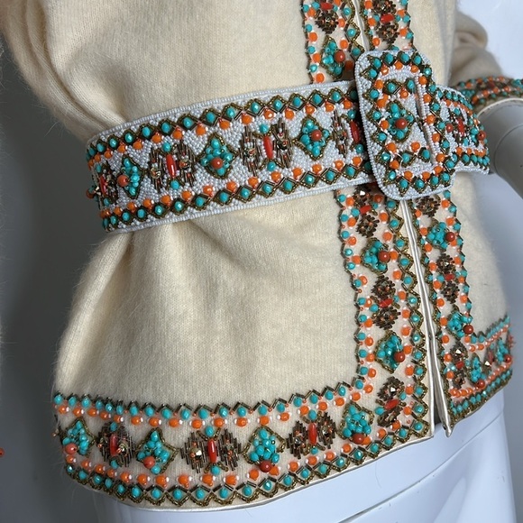 Elsie Tu Hong Kong Sz M Soft Wool Beaded Fully Lined Cardigan Sweater with Belt - Picture 5 of 14